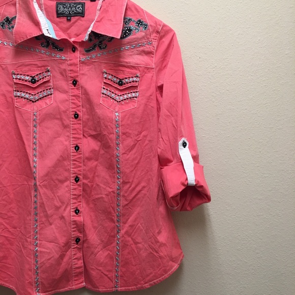 Grace In LA Western Medium Rhinestone Embroidered Stretch Rodeo Rollup Sleeve - Picture 4 of 14